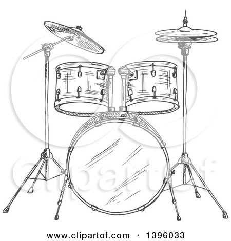Clipart of a Gray Sketched Drum Set - Royalty Free Vector Illustration by Vector Tradition SM