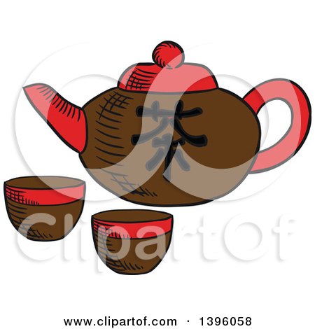 Clipart of a Sketched Chinese Tea Pot and Cups - Royalty Free Vector Illustration by Vector Tradition SM