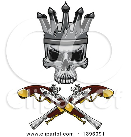 Clipart of a Crowned Skull over Crossed Pistols - Royalty Free Vector Illustration by Vector Tradition SM