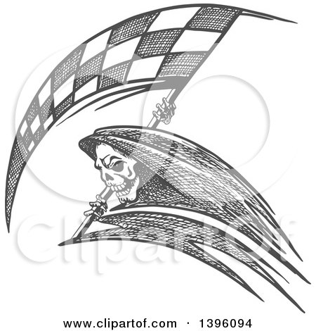 Clipart of a Grayscale Sketched Grim Reaper with a Racing Flag Scythe - Royalty Free Vector Illustration by Vector Tradition SM