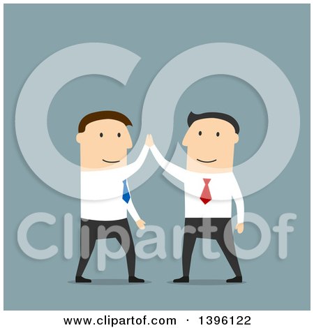 Clipart of Flat Design Caucasian Business Men High Fiving, on a Blue Background - Royalty Free Vector Illustration by Vector Tradition SM