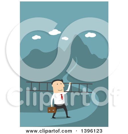 Clipart of a Flat Design Caucasian Business Man Carrying a Ladder to a Hill Top, on a Blue Background - Royalty Free Vector Illustration by Vector Tradition SM