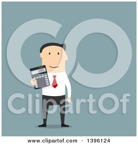 Clipart of a Flat Design Caucasian Business Man Holding a Calculator, on a Blue Background - Royalty Free Vector Illustration by Vector Tradition SM