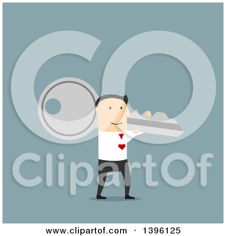 Clipart of a Flat Design Caucasian Business Man Carrying a Giant Key, on a Blue Background - Royalty Free Vector Illustration by Vector Tradition SM