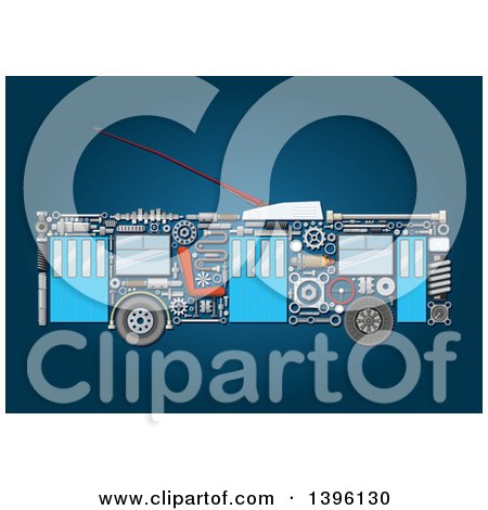 Clipart of a Trolley Bus with Visible Mechanical Parts, on Blue - Royalty Free Vector Illustration by Vector Tradition SM