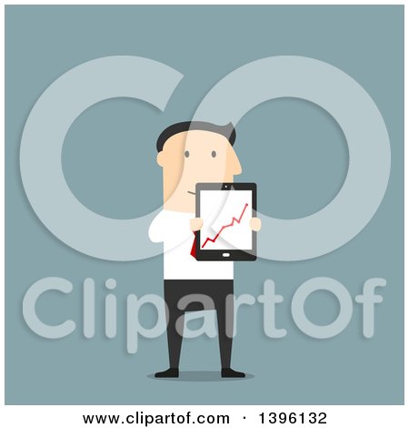 Clipart of a Flat Design Caucasian Business Man Holding a Tablet with a Chart on the Screen, on a Blue Background - Royalty Free Vector Illustration by Vector Tradition SM