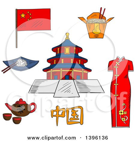 Clipart of a Sketched Chinese Travel Icons National Flag, Woman Kimono, Tea Kettle with Cups, Bowl with Rice and Chopstick, Noodle Box and Ancient Temple of Heaven - Royalty Free Vector Illustration by Vector Tradition SM