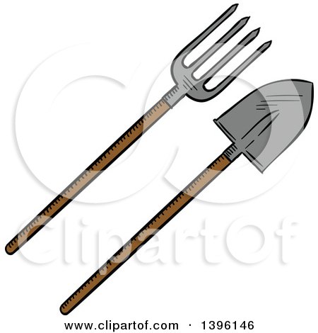 Clipart of a Sketched Rake and Shovel - Royalty Free Vector Illustration by Vector Tradition SM