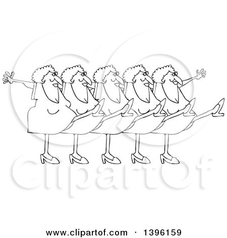 Clipart of a Cartoon Black and White Lineart Chorus Line of Senior Ladies Dancing the Can Can - Royalty Free Vector Illustration by djart