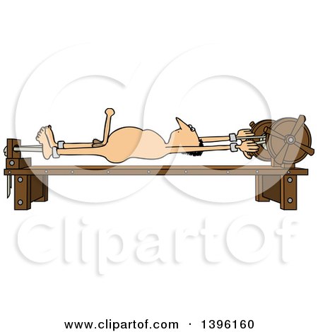Clipart of a Cartoon Turned on Naked Caucasian Man Tied up Naked on a Torture Rack - Royalty Free Vector Illustration by djart