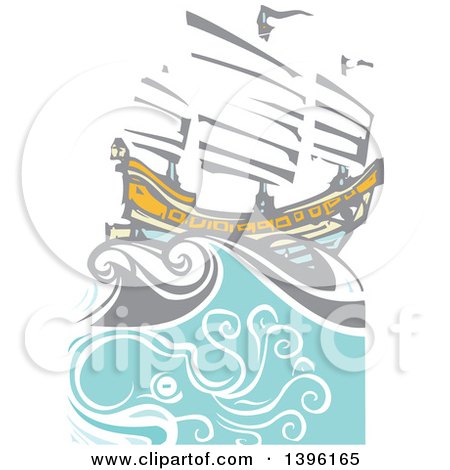 Clipart of a Woodcut Octopus Under a Chinese Junk Ship - Royalty Free Vector Illustration by xunantunich