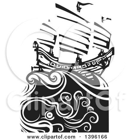 Clipart of a Black and White Woodcut Octopus Under a Chinese Junk Ship - Royalty Free Vector Illustration by xunantunich