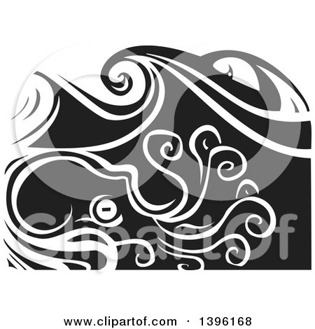 Clipart of a Black and White Woodcut Octopus Under Ocean Waves - Royalty Free Vector Illustration by xunantunich