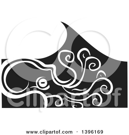 Clipart of a Black and White Woodcut Octopus Under a Wave - Royalty Free Vector Illustration by xunantunich