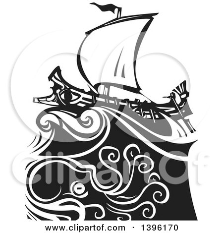 Clipart of a Black and White Woodcut Octopus Under a Greek Galley Ship - Royalty Free Vector Illustration by xunantunich