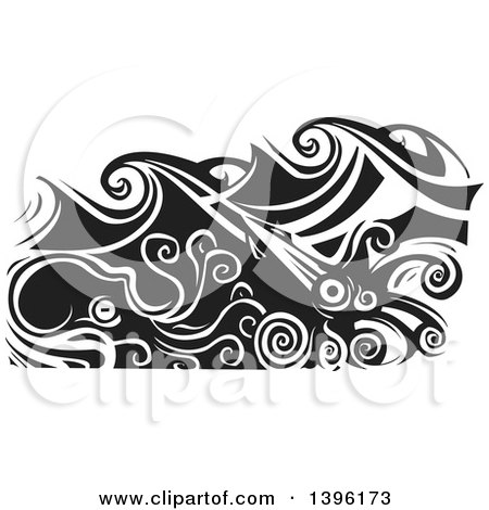 Clipart of a Black and White Woodcut Octopus and Giant Squid Under Ocean Waves - Royalty Free Vector Illustration by xunantunich