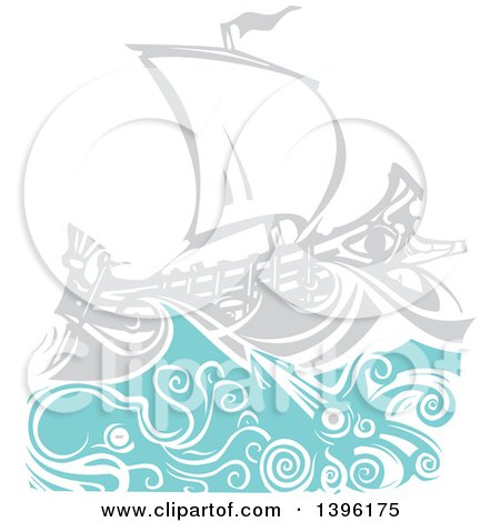 Clipart of a Woodcut Octopus and Giant Squid Under a Greek Galley Ship - Royalty Free Vector Illustration by xunantunich