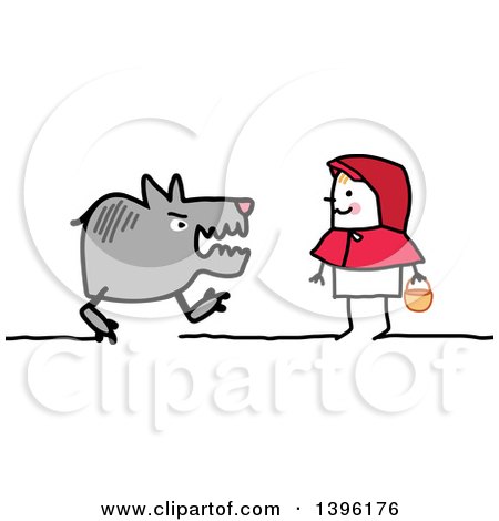 Clipart of a Sketched Stick Girl, Red Riding Hood, and the Wolf - Royalty Free Vector Illustration by NL shop