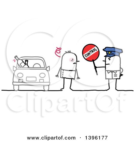 Clipart of a Sketched Stick Man Police Officer Holding a Control Sign by a Drunk Driver - Royalty Free Vector Illustration by NL shop
