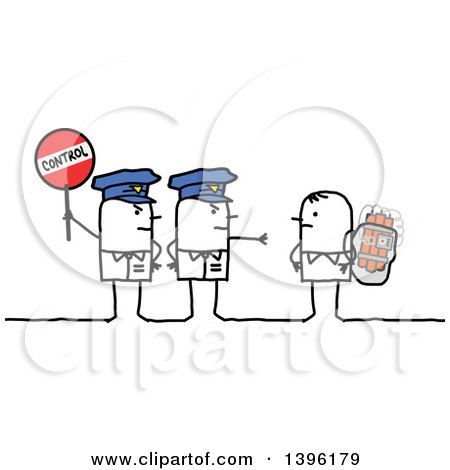 Clipart of Sketched Stick Police Officers Holding a Control Sign by a Suicidal Bomber Terrorist - Royalty Free Vector Illustration by NL shop