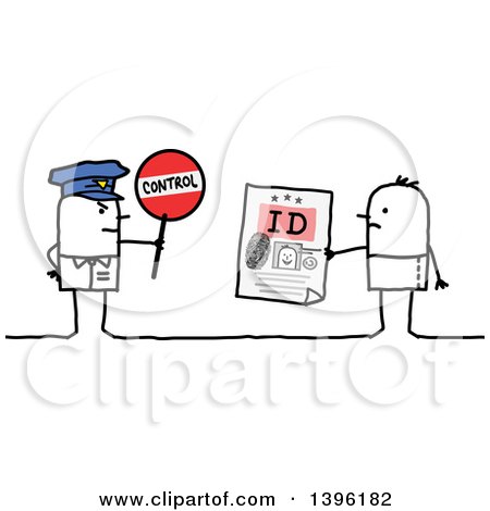 Clipart of a Sketched Stick Man Police Officer Holding a Control Sign by a Guy Holding an Identification Card - Royalty Free Vector Illustration by NL shop