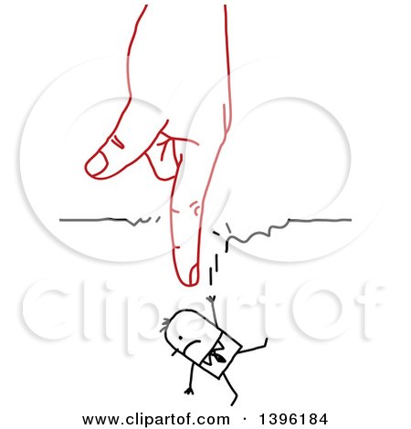 Clipart of a Sketched Red Hand Pointing down and Breaking a String That a Stick Business Man Was Hanging on to - Royalty Free Vector Illustration by NL shop