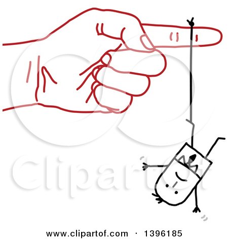 Clipart of a Sketched Red Hand Dangling a Stick Business Man by a Thread - Royalty Free Vector Illustration by NL shop