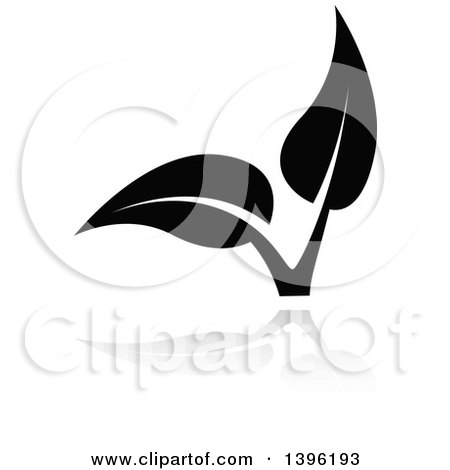 Clipart of a Black Leafy Seedling Plant with a Gray Reflection - Royalty Free Vector Illustration by dero