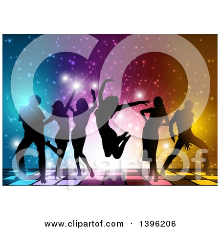 Clipart of a Background of Silhouetted Young Adults Dancing on a Lit Floor over Lights - Royalty Free Vector Illustration by dero
