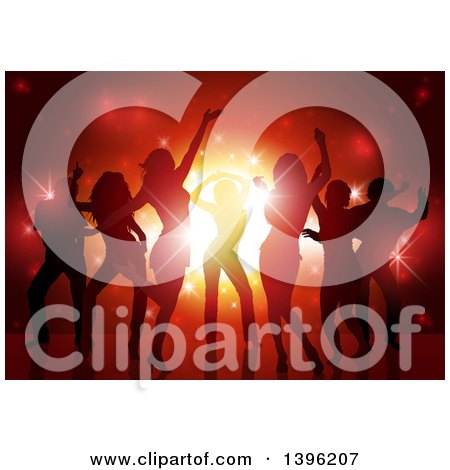 Clipart of a Background of Silhouetted Young Adults Dancing over Red Lights - Royalty Free Vector Illustration by dero
