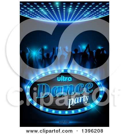 Clipart of Silhouetted Young Adults Dancing on Blue with Ultra Dance Party Nightlife Text - Royalty Free Vector Illustration by dero