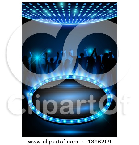 Clipart of Silhouetted People Dancing on Blue, with a Frame and Text Space - Royalty Free Vector Illustration by dero