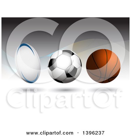 Clipart of 3d Floating Rugby, Soccer and Basketball Balls over Waves - Royalty Free Vector Illustration by elaineitalia