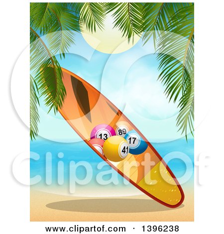 Clipart of a Bingo Ball Surfboard on a Tropical Beach - Royalty Free Vector Illustration by elaineitalia