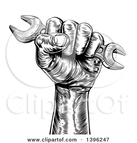 Clipart of a Retro Black and White Woodcut or Engraved Fisted Hand Holding up a Spanner Wrench - Royalty Free Vector Illustration by AtStockIllustration