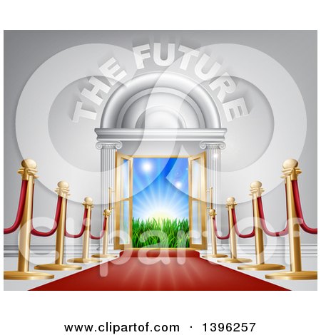 Clipart of 3d the Future Text over a Red Carpet and Posts Leading to a Door with Sunshine and Grass - Royalty Free Vector Illustration by AtStockIllustration