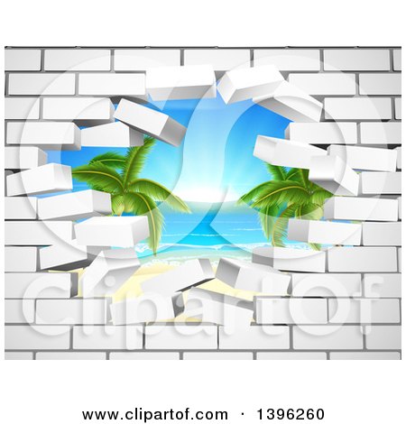 Clipart of a Hole in a 3d White Brick Wall, Revealing a Tropical Beach - Royalty Free Vector Illustration by AtStockIllustration