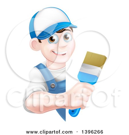 Clipart of a Happy Young Brunette Caucasian Male House Painter Holding a Brush Around a Sign - Royalty Free Vector Illustration by AtStockIllustration