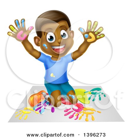 Clipart of a Cartoon Happy Black Boy Kneeling and Painting Artwork with His Hands - Royalty Free Vector Illustration by AtStockIllustration