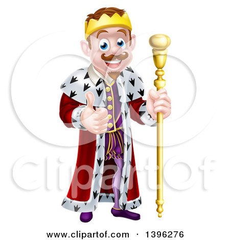 Clipart of a Happy Brunette White King Giving a Thumb up and Holding a Gold Sceptre - Royalty Free Vector Illustration by AtStockIllustration