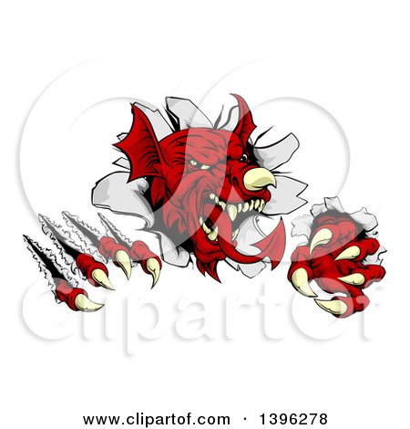 Clipart of a Fierce Red Welsh Dragon Mascot Shredding Through a Wall - Royalty Free Vector Illustration by AtStockIllustration