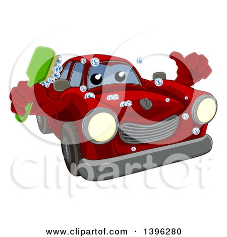 Clipart of a Cartoon Red Car Character Holding a Thumb up and a Scrub Brush - Royalty Free Vector Illustration by AtStockIllustration