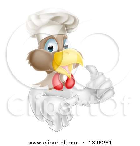 Clipart of a Cartoon Happy White and Brown Chef Chicken Wearing a Toque Hat and Giving a Thumb - Royalty Free Vector Illustration by AtStockIllustration