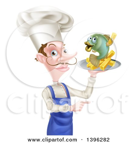 Clipart of a White Male Chef with a Curling Mustache, Holding a Fish and Chips on a Tray and Pointing - Royalty Free Vector Illustration by AtStockIllustration