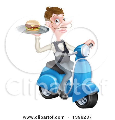 Clipart of a Cartoon Caucasian Male Waiter with a Curling Mustache, Holding a Burger on a Tray on a Moped - Royalty Free Vector Illustration by AtStockIllustration
