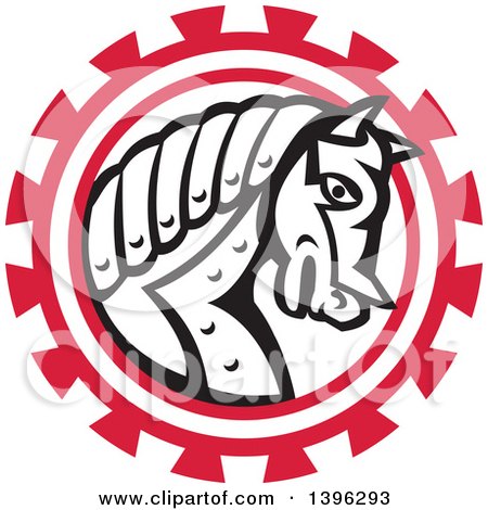 Clipart of a Retro Black and White War Horse in a Red Gear - Royalty Free Vector Illustration by patrimonio