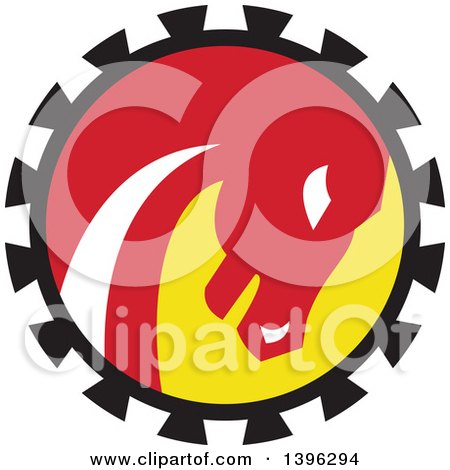 Clipart of a Retro War Horse Head in a Black Red White and Yellow Gear Circle - Royalty Free Vector Illustration by patrimonio