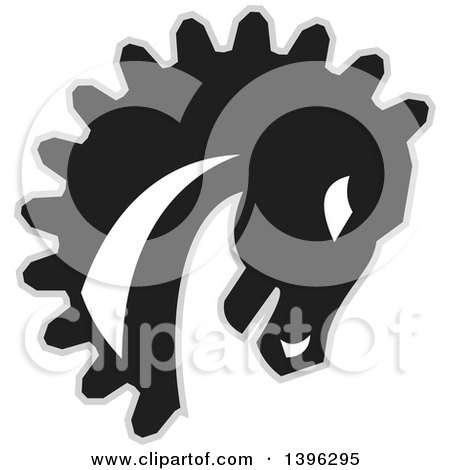 Clipart of a Retro Black White and Gray Horse Head with a Gear Teeth Mane - Royalty Free Vector Illustration by patrimonio