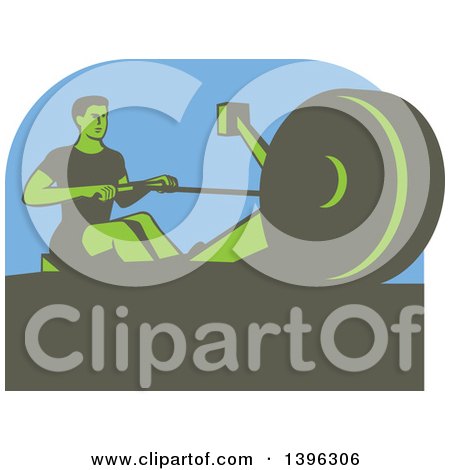 Clipart of a Retro Green Man Working out on a Rowing Machine, over Blue - Royalty Free Vector Illustration by patrimonio