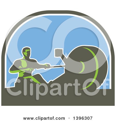 Clipart of a Retro Green Man Working out on a Rowing Machine, in a Half Circle - Royalty Free Vector Illustration by patrimonio